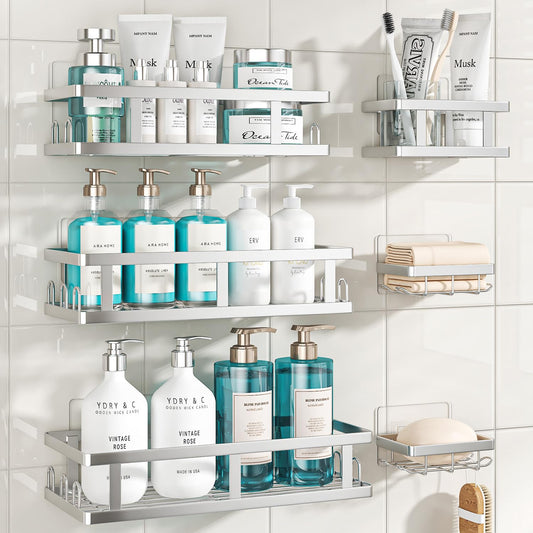Youvip Silver Shower Caddy 6 Pack | No Drill, Large Capacity, 6 Adhesives, 24 Built-In Side Hooks