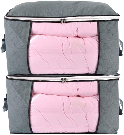 Comforter Storage Bag, Zippered Bag with Large Clear Window and Carry Handles, Space Saver Organizers for Closet, Blanket, Pillow, Quilt, Bedding, Clothes (2Pcs Grey Large)