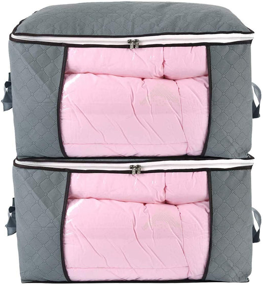 Comforter Storage Bag, Zippered Bag with Large Clear Window and Carry Handles, Space Saver Organizers for Closet, Blanket, Pillow, Quilt, Bedding, Clothes (2Pcs Grey Large)