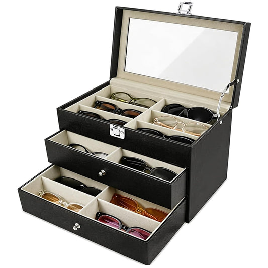 Sunglasses Organizer 18/20 Slots, Multiple Pairs Glasses Storage Case Leather Eyeglasses Display Box for Women Men