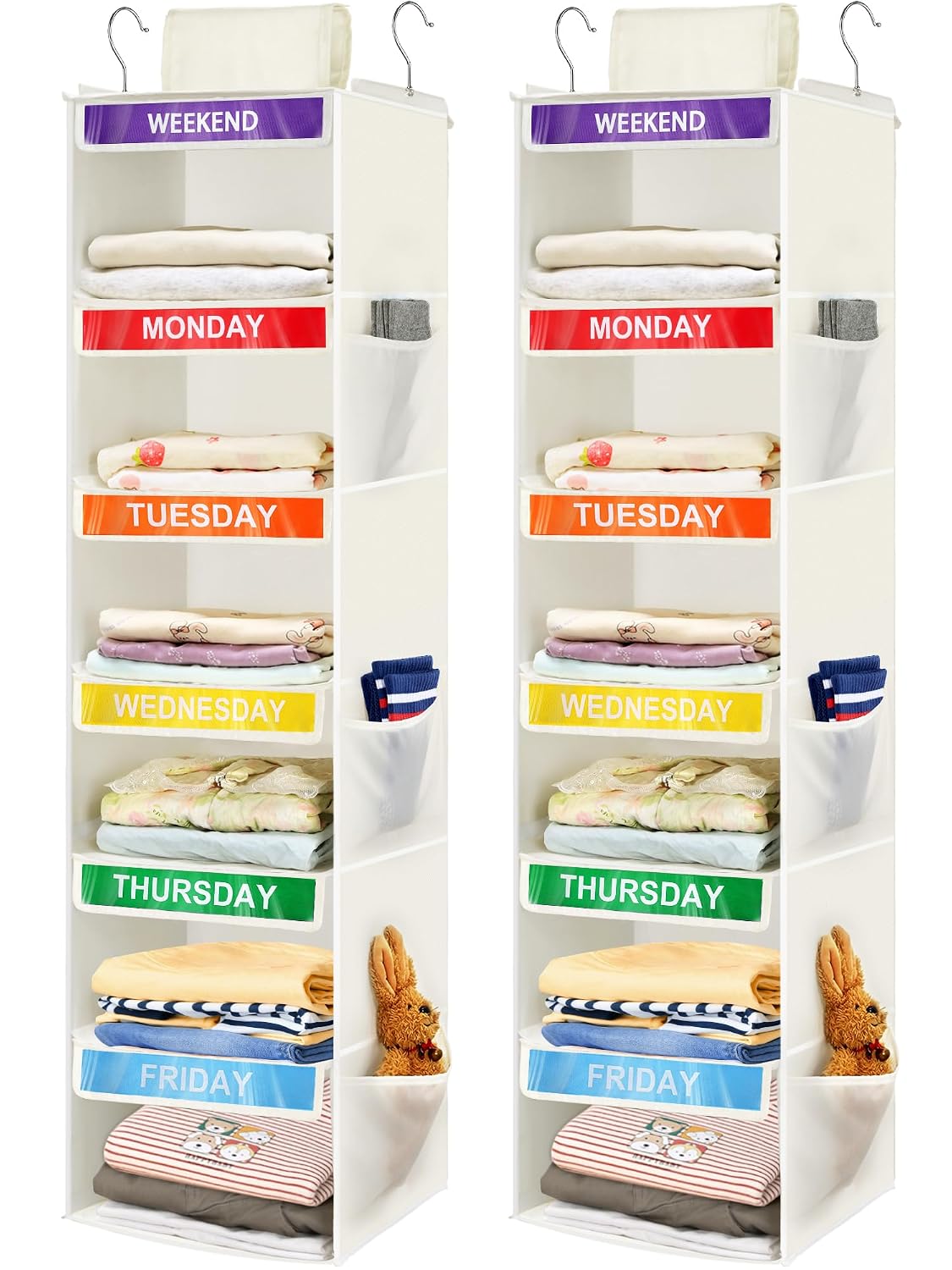 2 Pack 6-Shelf Weekly Clothes Organizer for Kids, Hanging Daily Closet Organization with 6 Side Pockets, Days of The Week Clothing Divider Storage for Boys and Girls (White)