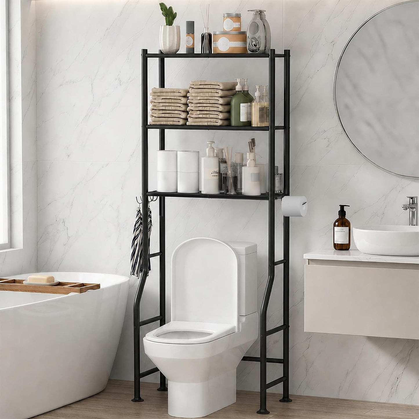 3-Tier Over Toilet Storage, Anti-Tilt, 64" H, Black | Anti-Tilt Safety System, 150lb Capacity, Carbon Steel, Freestanding, No Drilling, Anti-Rust Coating, Paper Holder & 4 Hooks