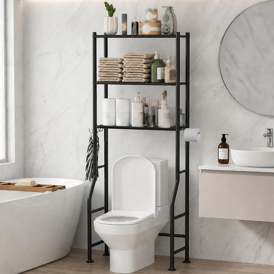 3-Tier Over Toilet Storage, Anti-Tilt, 64" H, Black | Anti-Tilt Safety System, 150lb Capacity, Carbon Steel, Freestanding, No Drilling, Anti-Rust Coating, Paper Holder & 4 Hooks