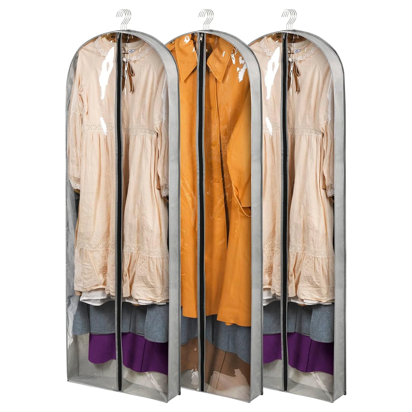 3 Pack 60" Long Garment Bags for Hanging Clothes Storage | Clear Suit Garment Bags with 4" Gussets for Closet Storage Travel Plastic Protector for Dress Gowns, Coats, Suit, Down Jacket