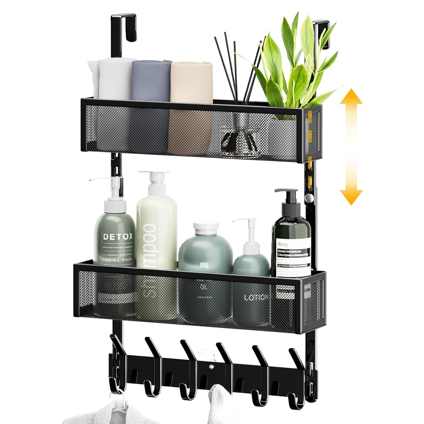 LUCYCAZ Over The Door Hooks Organizer,Door Hanger with 10 Hooks & 2 Basket | Adjustable Spacing,Over The Door Towel Rack,Multi-Purpose Back Storage Organizer Hanging Coat for Bathroom,Bedroom (Black)