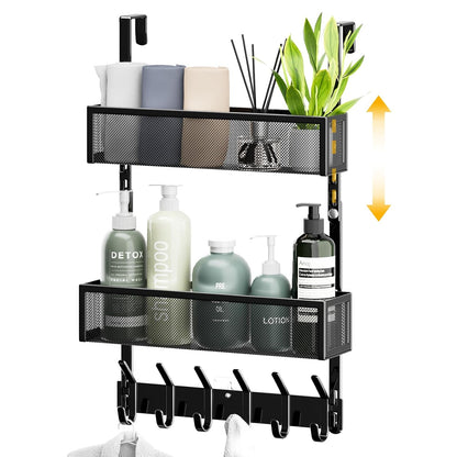 LUCYCAZ Over The Door Hooks Organizer,Door Hanger with 10 Hooks & 2 Basket | Adjustable Spacing,Over The Door Towel Rack,Multi-Purpose Back Storage Organizer Hanging Coat for Bathroom,Bedroom (Black)