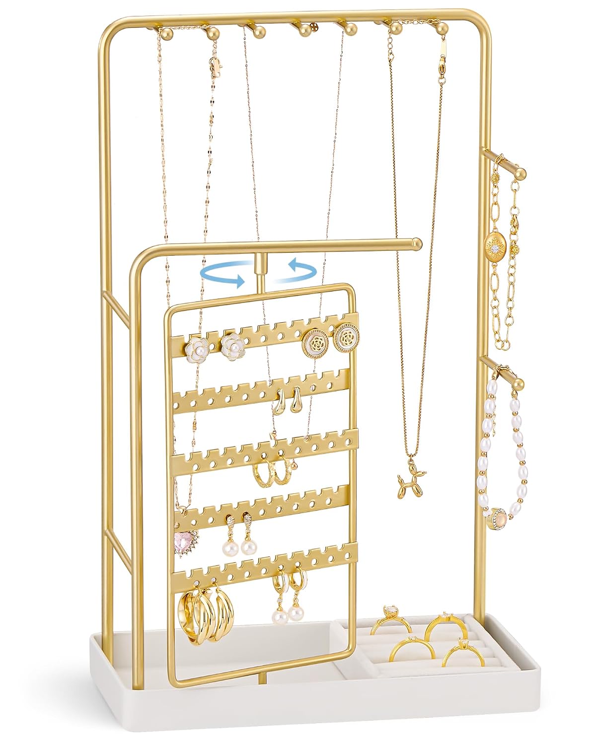 ProCase Jewelry Stand Holder Organizer and Storage, Gold (No-Assembly) | Rotating Earring Bracelet Holder Storage, Hanging Jewelry Display Velvet Ring Tray, Teen Girls Birthday Gifts Room Dorm Decor