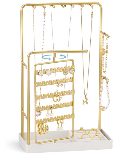 ProCase Jewelry Stand Holder Organizer and Storage, Gold (No-Assembly) | Rotating Earring Bracelet Holder Storage, Hanging Jewelry Display Velvet Ring Tray, Teen Girls Birthday Gifts Room Dorm Decor