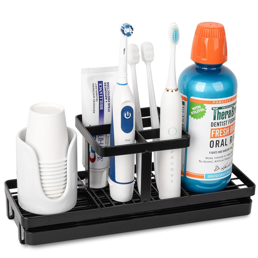 Toothbrush Holders Toothpaste Organizer Bathroom Accessories, Matte Black | Carbon Steel, 5 Slots, Removable Drip Tray, Easy to Clean, Electric Toothbrush Storage, for Countertop, Shower, Sink