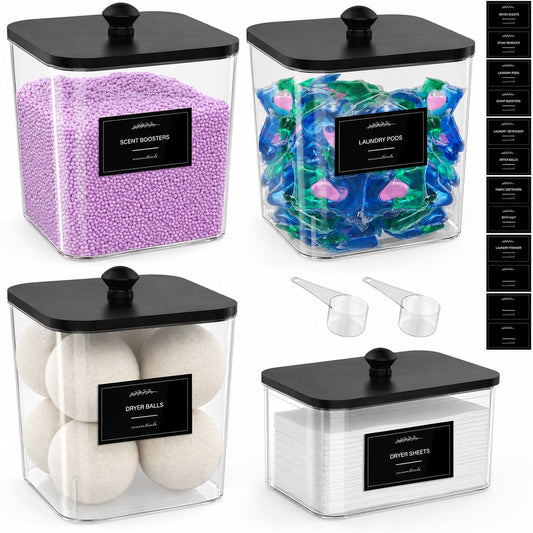 COAZEX 3+1 Pack Clear Laundry Pods Container & Dryer Sheet Holder Black Lid | Laundry Organization, Square Design, 2 Scoops & 12 Labels, For Detergent Powder, Laundry Pods, Dryer Sheets, Dryer Balls