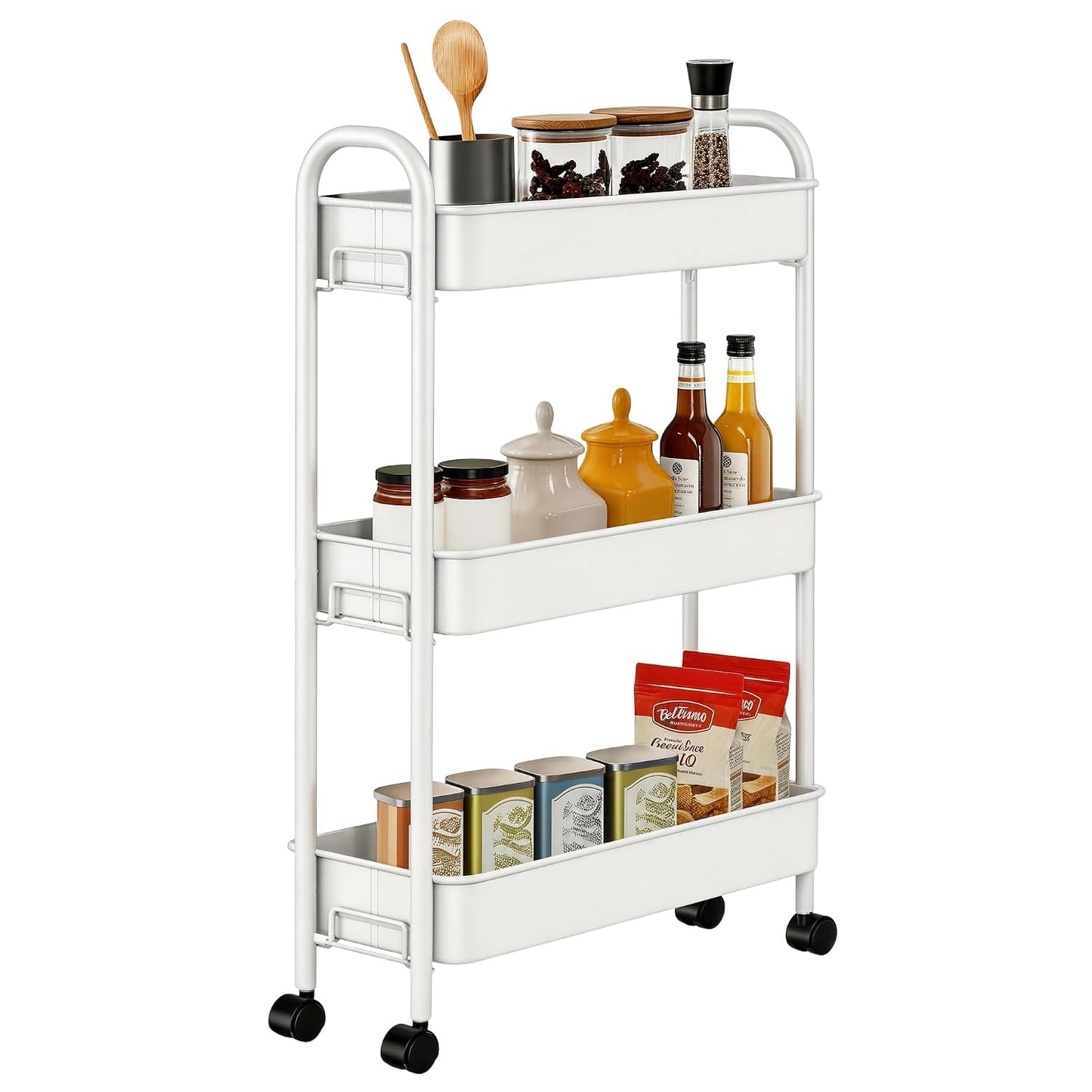 Slim Rolling Cart, Metal Frame Utility Rolling 3-Tier Narrow Storage Cart | Kitchen Storage Organizer, Mobile Shelving Unit for Bathroom Kitchen