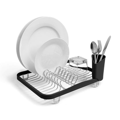 Umbra Sinkin Dish Drying Rack, in Sink or Countertop Drainer, Black/Nickel | Removable utensil holder, non slip rubber feet, fits standard sizes, coated wire and plastic