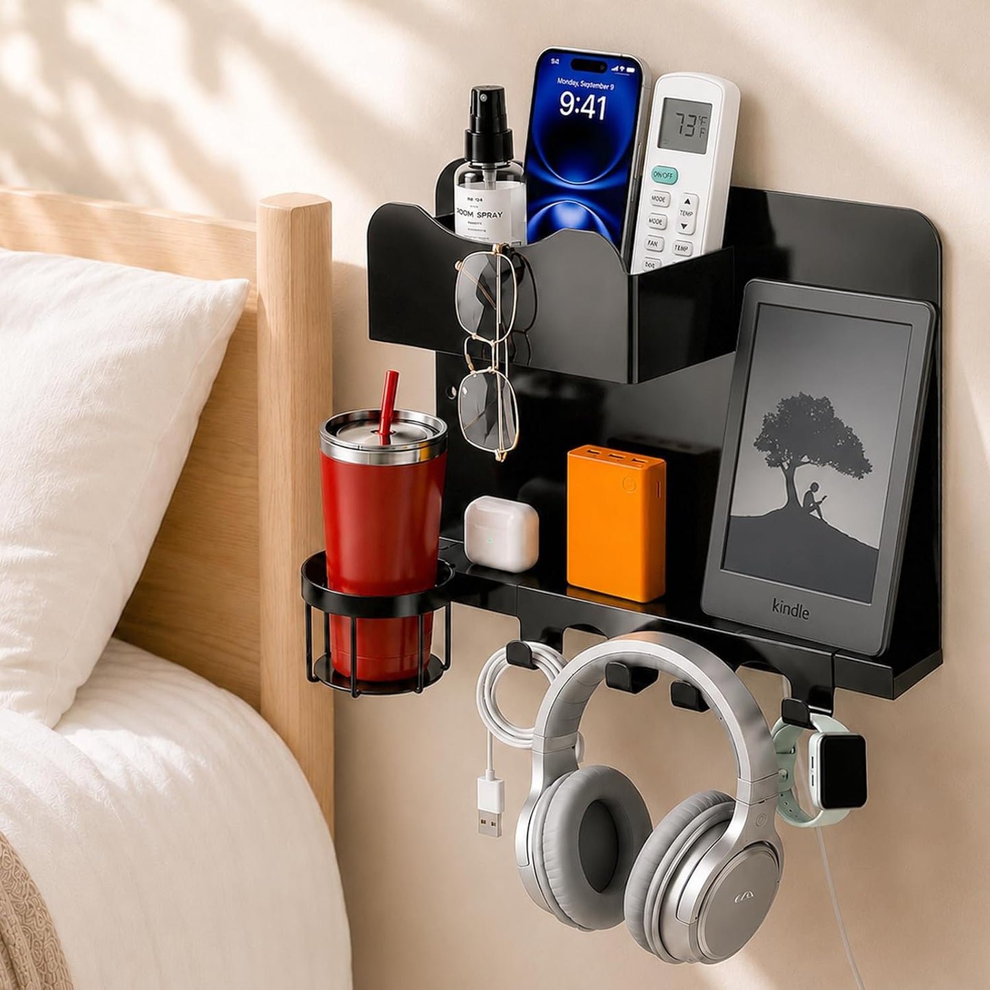 Metal Bedside Wall Shelf, No Drill Floating Bedside Shelf Wall Organizer | Bedside Wall Shelf with Detachable Cup Holder for Bedroom, Dorm, Nightstand Alternative, Bunk Bed Accessories & RV Storage