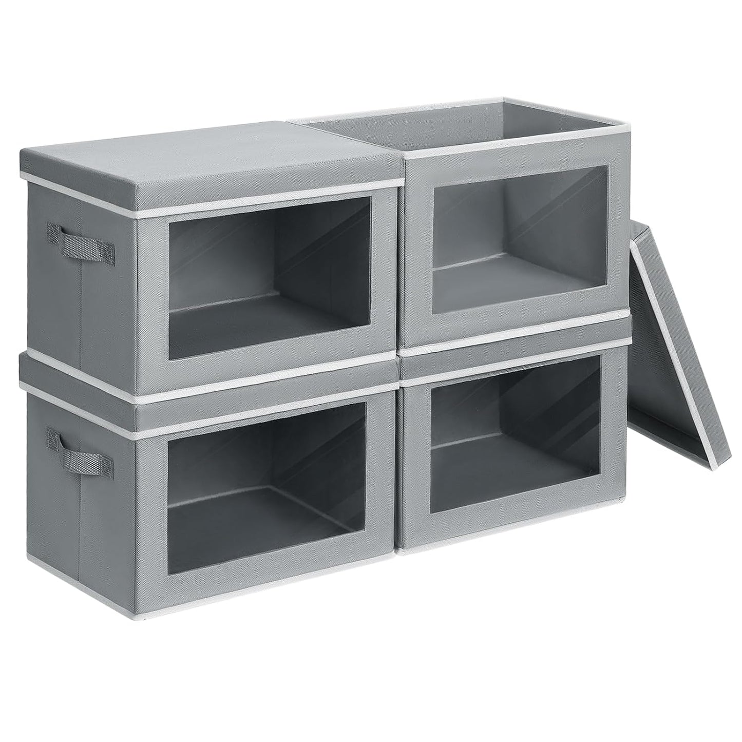 Storage Bins with Lids - Fabric Closet Storage Bins with Window, Collapsible Baskets for Shelves 4 Pack, Home Decorative Boxes for Clothes, Closet, Office, Grey
