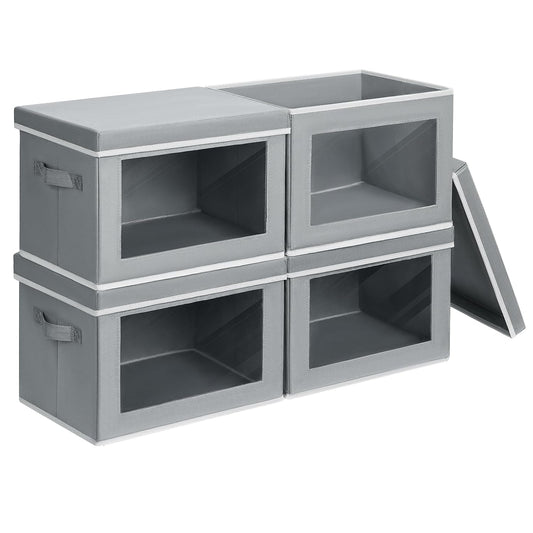 Storage Bins with Lids - Fabric Closet Storage Bins with Window, Collapsible Baskets for Shelves 4 Pack, Home Decorative Boxes for Clothes, Closet, Office, Grey