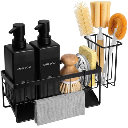 GMISUN Dish Soap Dispenser, 12 fl oz / 350 ml Dual Kitchen Soap Dispensers with Sponge Holder, Customized Matte Black Kitchen Soap Dispenser Set, Modern Hand and Dish Soap Bottle Set Removable