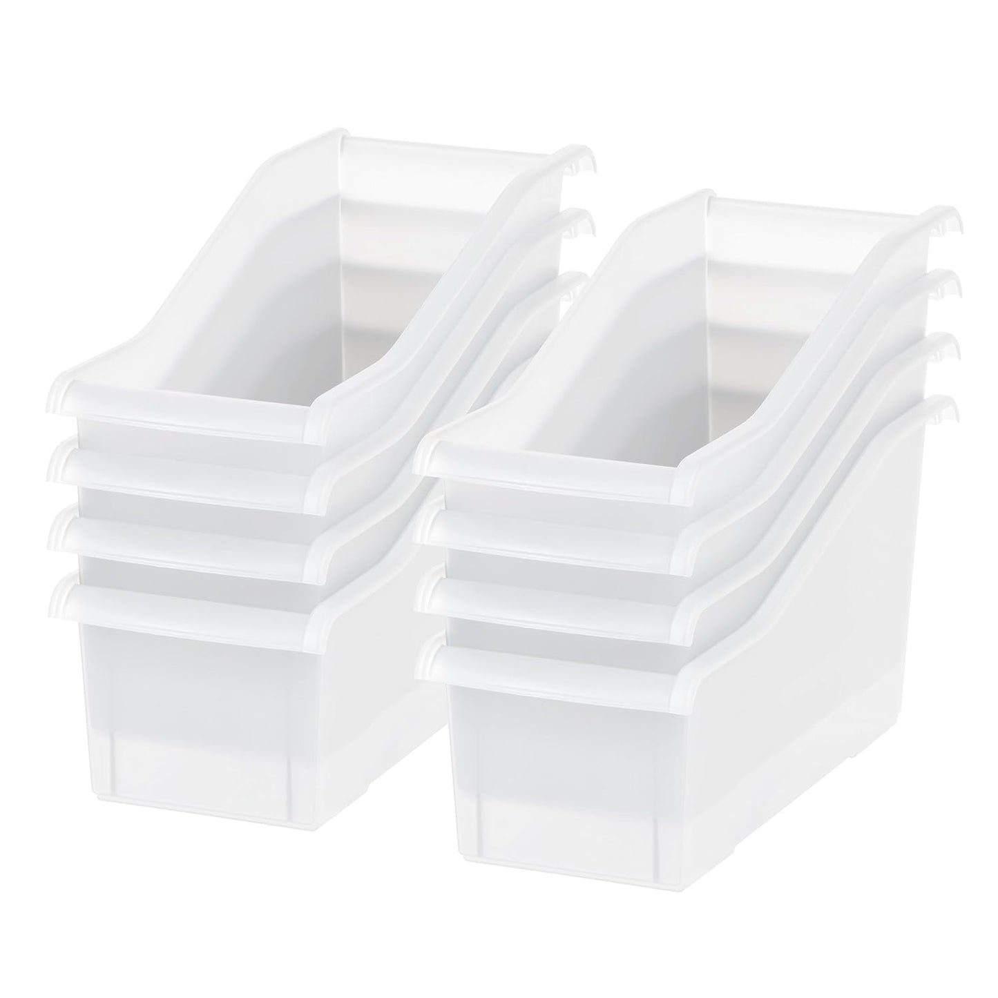 IRIS USA 8-Pack, Connecting Book Bin Organizer Magazine Holder, Clear | Organize books, magazines, notebooks, binders, and school supplies with vertical storage and connecting design