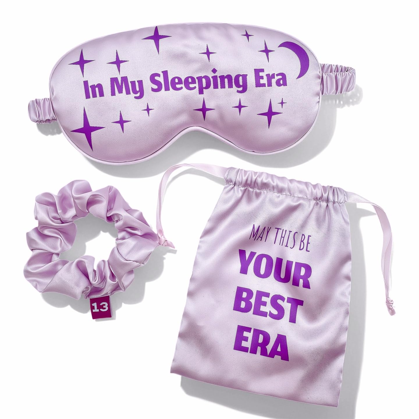 in My Sleeping Era 3Pc Lavender Satin Sleep Mask Gift Set for Music Fans | Era-inspired 13 Stars & Moon; Hidden 13 Scrunchie & Pouch; 360° Blackout; Soft Silky Satin; Post-Concert & Travel Use