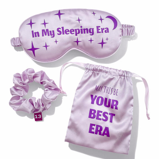 in My Sleeping Era 3Pc Lavender Satin Sleep Mask Gift Set for Music Fans | Era-inspired 13 Stars & Moon; Hidden 13 Scrunchie & Pouch; 360° Blackout; Soft Silky Satin; Post-Concert & Travel Use