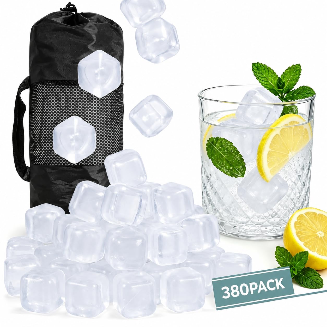 380 Pack Reusable Ice Cubes for Drinks, Transparent Square | BPA-Free Plastic, Refreezable and Washable, No Dilution, for Whiskey, Coffee, Coolers, Parties and Camping
