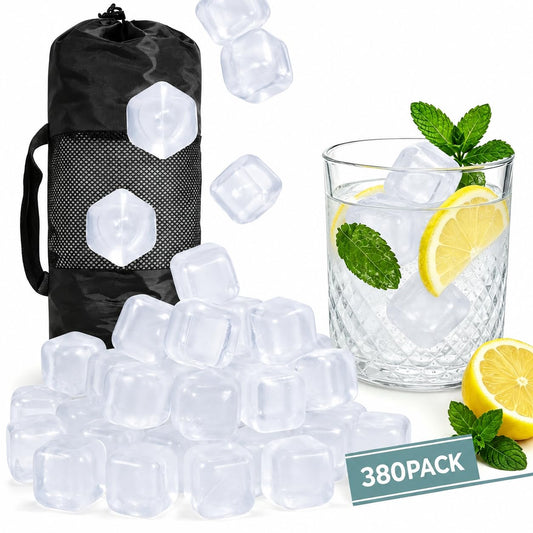 380 Pack Reusable Ice Cubes for Drinks, Transparent Square | BPA-Free Plastic, Refreezable and Washable, No Dilution, for Whiskey, Coffee, Coolers, Parties and Camping