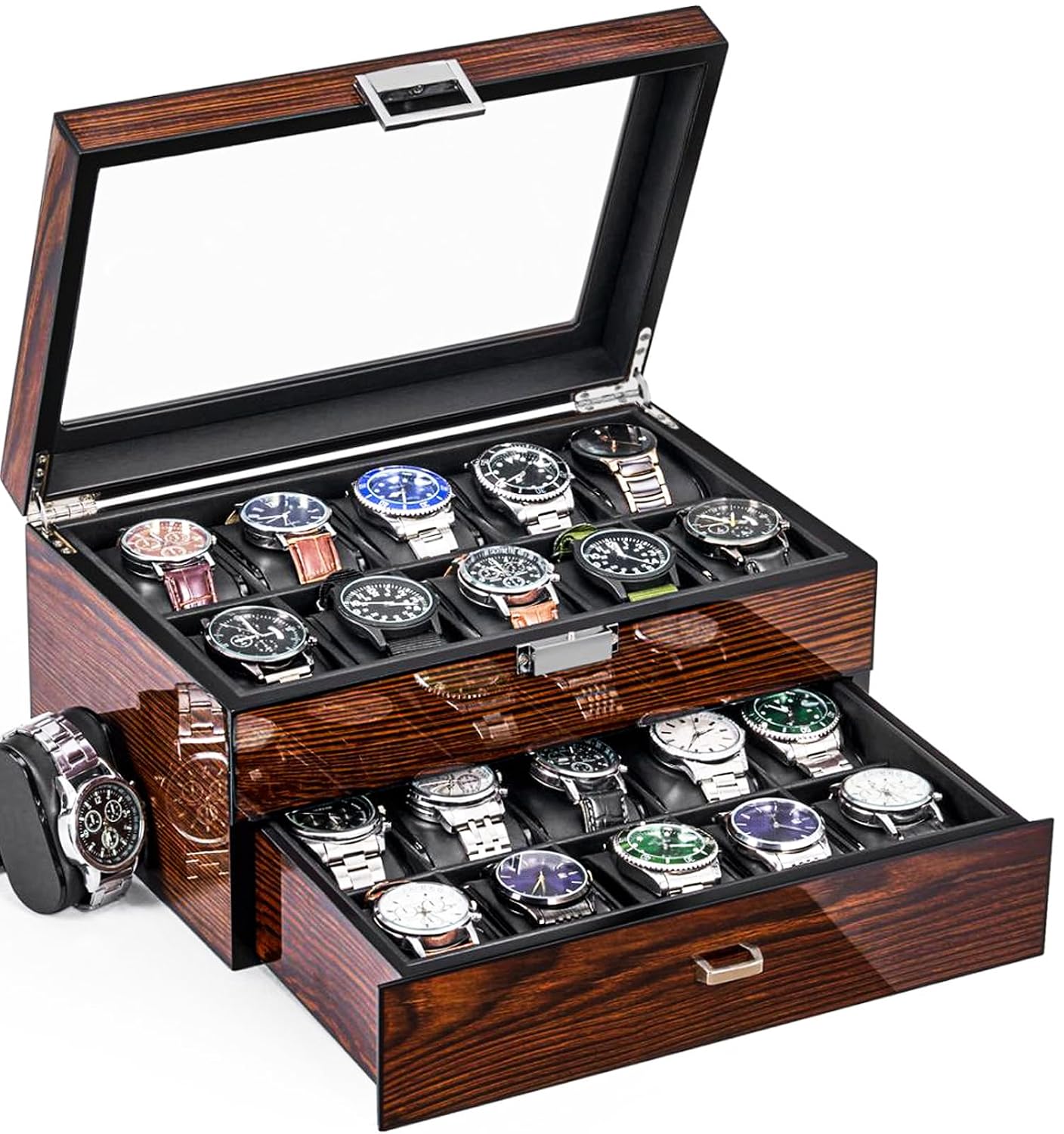 BEWISHOME High-End Watch Box 20-Slot Wooden Watch Case with Large Glass Lid | 2-Layer Watch Cases for Men, Watch Storage, Watch Organizer, Synthetic Leather Interior, Brown