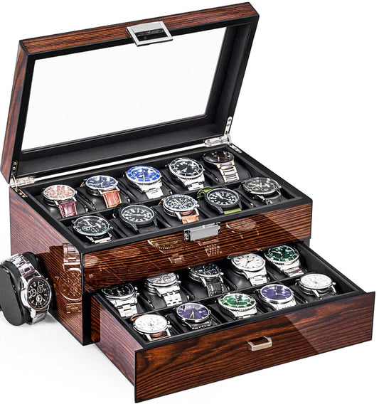 BEWISHOME High-End Watch Box 20-Slot Wooden Watch Case with Large Glass Lid | 2-Layer Watch Cases for Men, Watch Storage, Watch Organizer, Synthetic Leather Interior, Brown