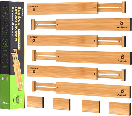 Bamboo Drawer Dividers, Expandable Drawer Separators Splitter, 17-22 inches Adjustable Spring-loaded Organizer for Large Utensil, Clothes, Tools Drawers, 6 Pack Dividers + 4 Pack Baffle