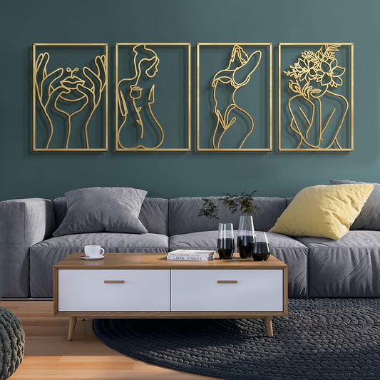 4 Pack Gold Wall Art Decor, Minimalist Single Line Real Metal Wall Art, Woman's Body Shape Abstract Wall Art (Gold Classic Style, 17 x 11.8'')