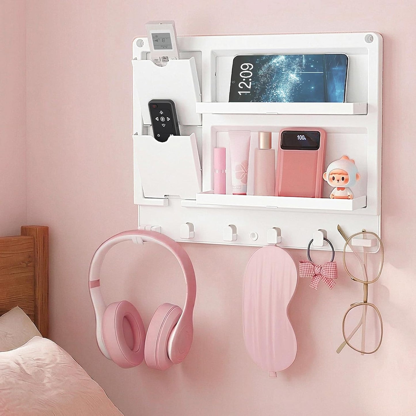 Lifewit Plastic Bedside Wall Shelf, Adhesive Floating Shelves Dorm Decor | Bedroom Essentials for Key, Remote Control, Glasses, Phone, Earbuds Storage, College, RV, Bunk Bed Wall Organizer