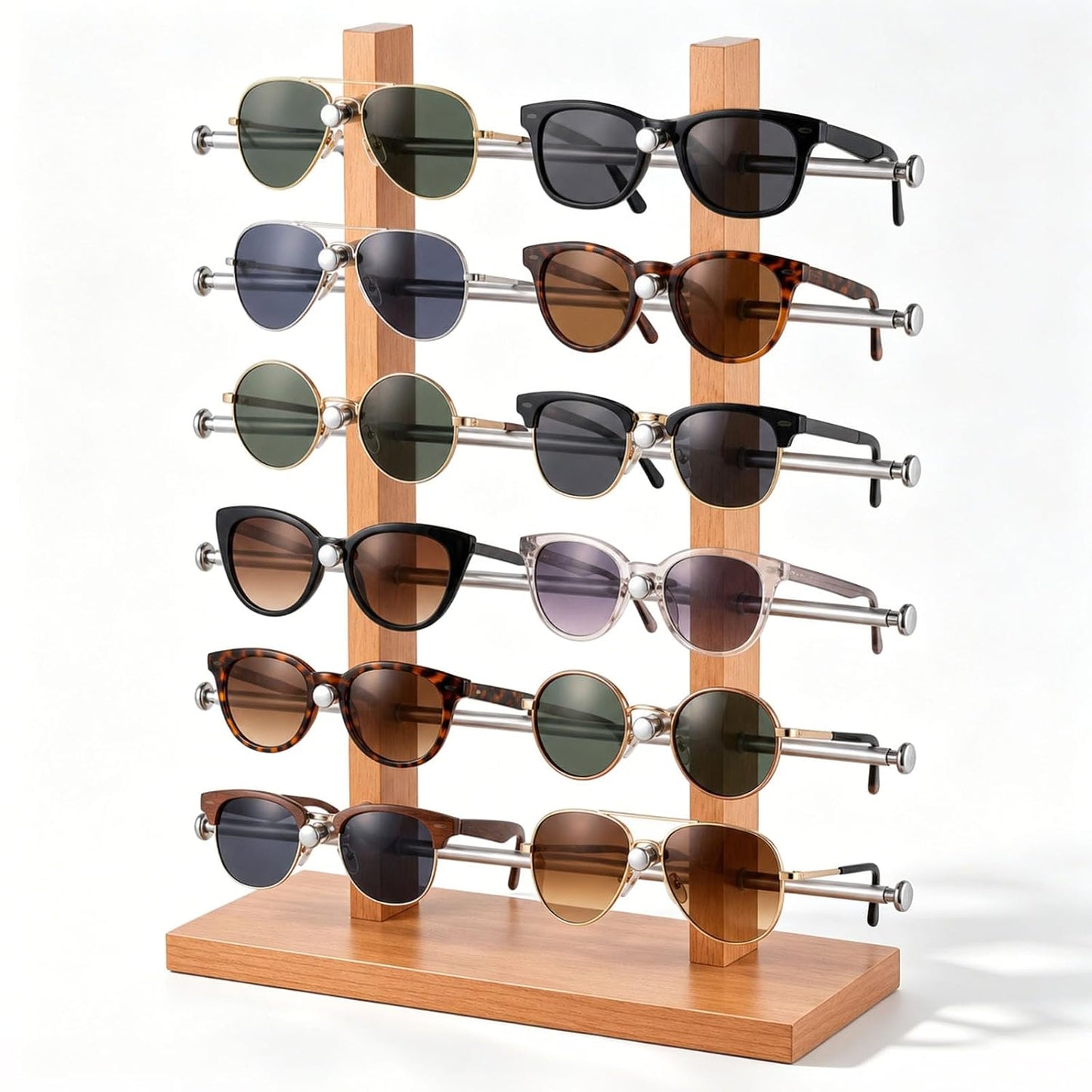 Sunglasses Display Stand, Eyewear Organizer Rack,12 Pair | Beechwood Color, Double-tower Countertop Glasses Holder, Eyeglass Display for Retail Shop, Boutique, Trade Show and Home