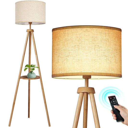 Wood Tripod Floor Lamp with Shelves, Mid Century F... (Wood | Wood)