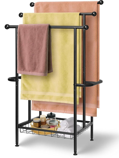 Freestanding Towel Rack for Bathroom, Pool & Outdoor, 3-Tier 39" Metal | Rust-resistant metal towel drying rack with storage basket, designed for oversized towels 24.4" L x 13" W x 39" H