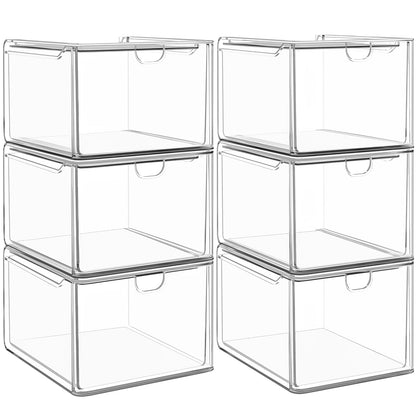 6-Pack Stackable Acrylic Storage Drawers, Small | Smooth-glide drawers, stackable, clear body, dustproof, wipe clean, 6 small, for art tools, makeup, under sink, pantry