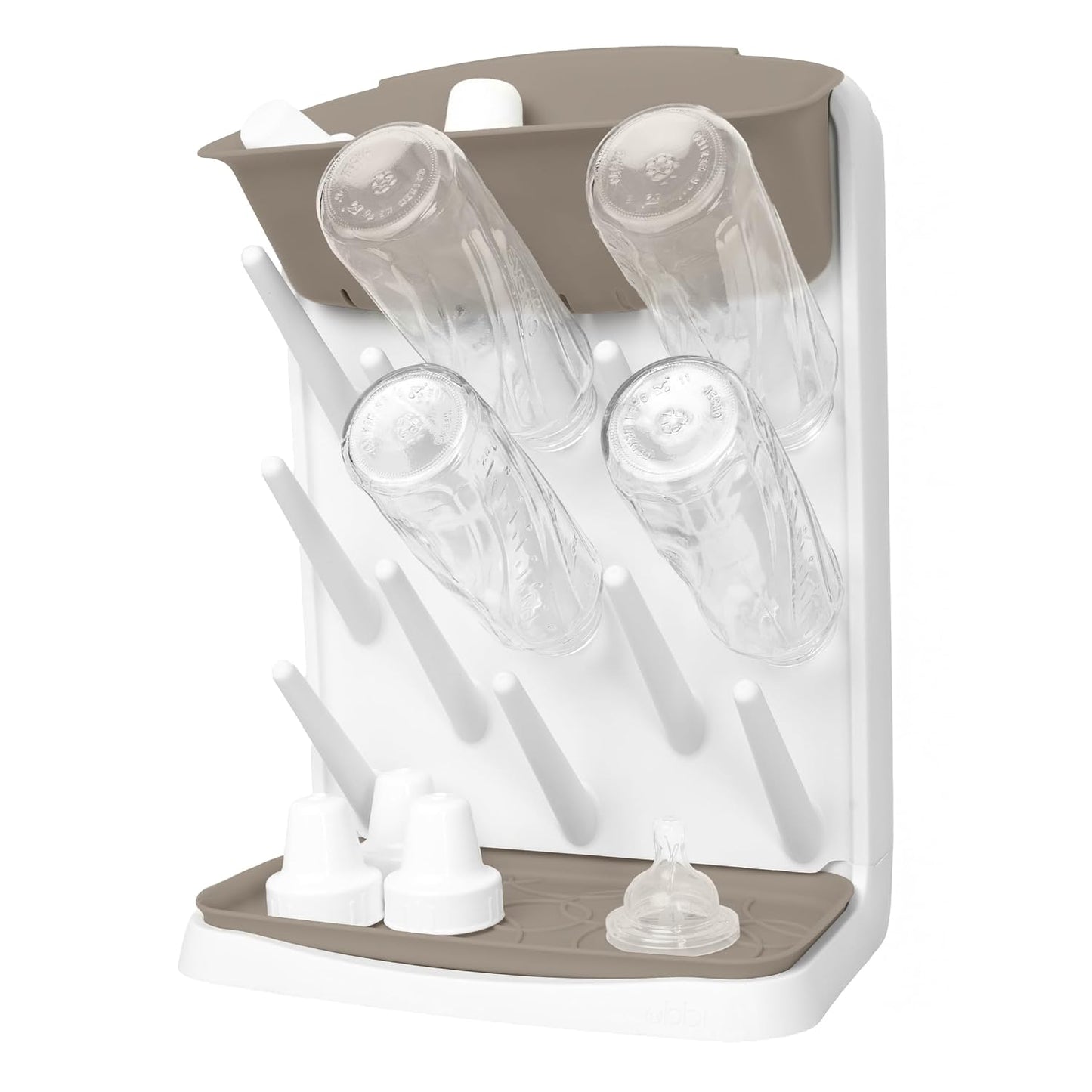 Ubbi Vertical Baby Bottle Drying Rack, Space Saving Countertop Bottle Dryer | 13-Peg Bottle Drying Rack Removable Drain Tray, Baby Organizer for Pump Parts, Pacifier & Accessories, Dishwasher Safe, Taupe