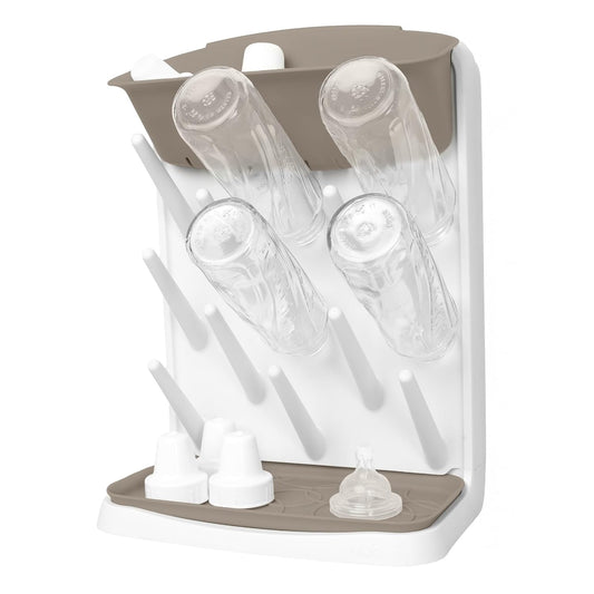 Ubbi Vertical Baby Bottle Drying Rack, Space Saving Countertop Bottle Dryer | 13-Peg Bottle Drying Rack Removable Drain Tray, Baby Organizer for Pump Parts, Pacifier & Accessories, Dishwasher Safe, Taupe