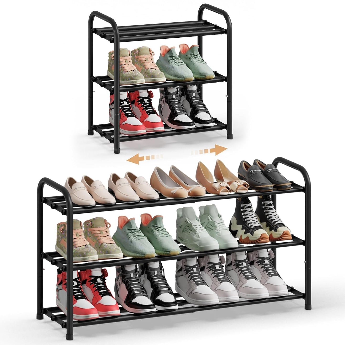 SONGMICS Expandable Shoe Rack, Adjustable Shoe Organizer Storage Shelf, Sturdy and Heavy-Duty, for Closet, Entryway, Living Room, 3-Tier, Ink Black ULMR036BD01