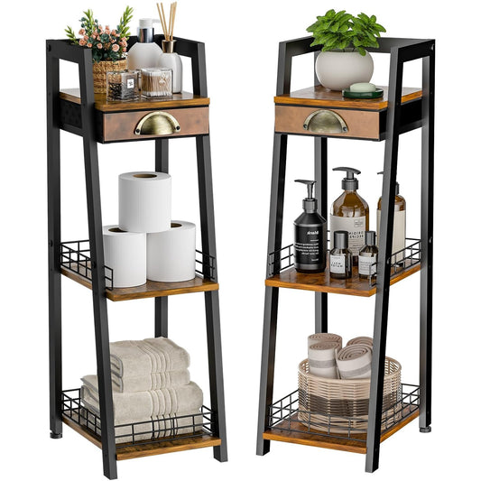 3-Tier Narrow Bathroom Shelves with Drawer, Bathro... (Brown)