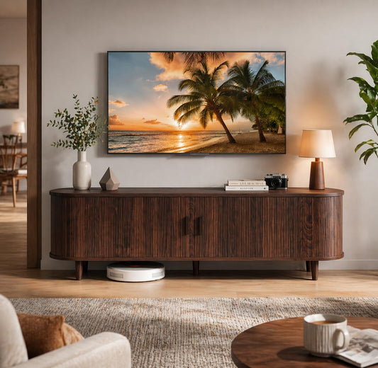 MXV 58" Mid-Century Modern TV Stand with Sliding Doors, TV Consoles with Power Outlet, Fluted Entertainment Center with Adjustable Shelves for Living Room