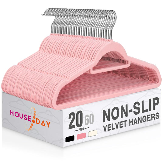HOUSE DAY Premium Velvet Hangers 20 Pack, Non-Slip Hangers with Tie Bar | Elegance Pink Standard Clothes Hanger Slim Felt Hanger with 360° Swivel Hook for Closet Organized Storage，72g/Pc