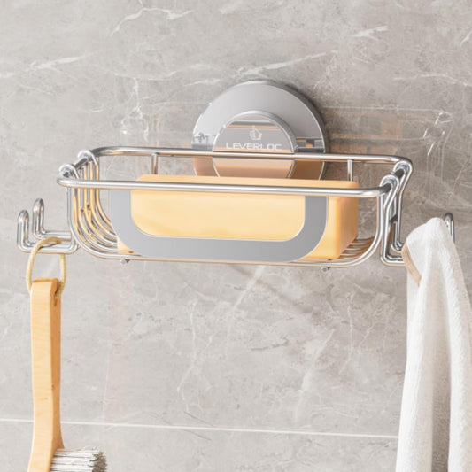 Bar Soap Holder with Hooks, Suction Cup Soap Dish... (Silver)
