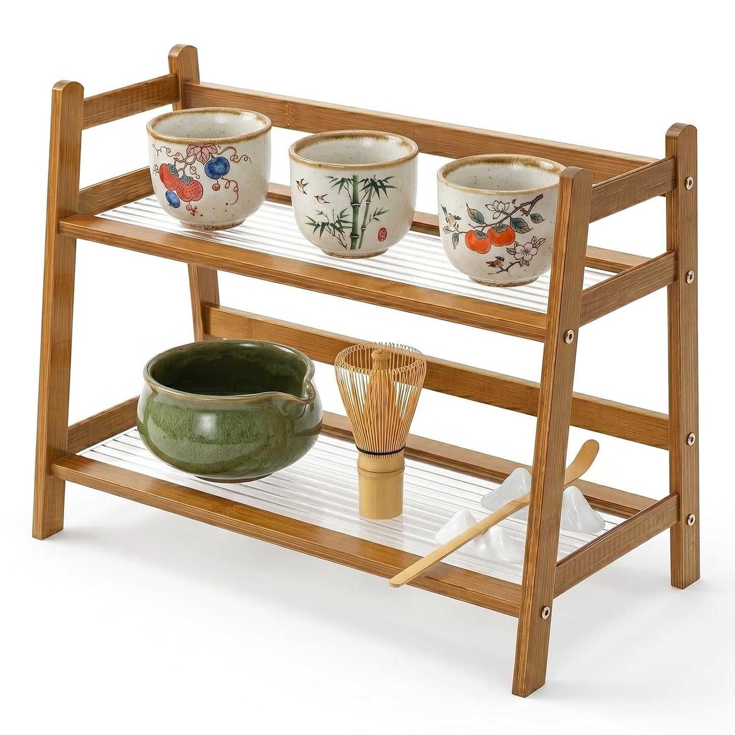2 Tier Matcha Station Organizer, Countertop Bamboo Coffee Bar Display Shelf, Mug Holder Stand, Tea Cup & Tools Storage Rack for Kitchen Cabinet Home Decor