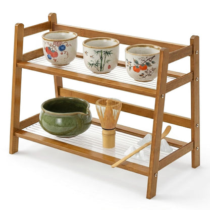2 Tier Matcha Station Organizer, Countertop Bamboo Coffee Bar Display Shelf, Mug Holder Stand, Tea Cup & Tools Storage Rack for Kitchen Cabinet Home Decor
