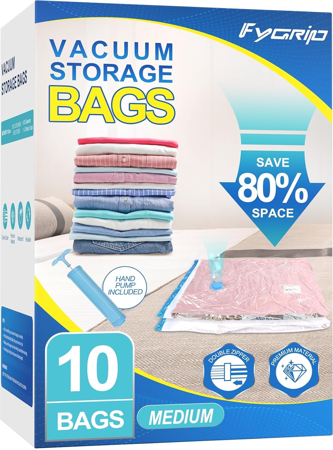 Vacuum Storage Bags with Hand Pump, Plastic Packaging Bags, 80% Space Saver Vacuum Seal Bags for Clothing, Travel Lugggage, Blankets, Comforters, 10 Medium