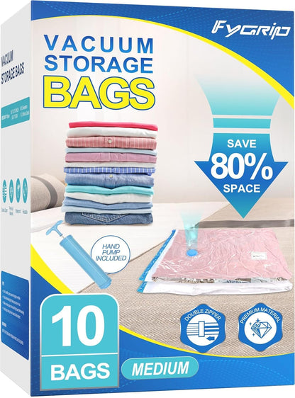 Vacuum Storage Bags with Hand Pump, Plastic Packaging Bags, 80% Space Saver Vacuum Seal Bags for Clothing, Travel Lugggage, Blankets, Comforters, 10 Medium