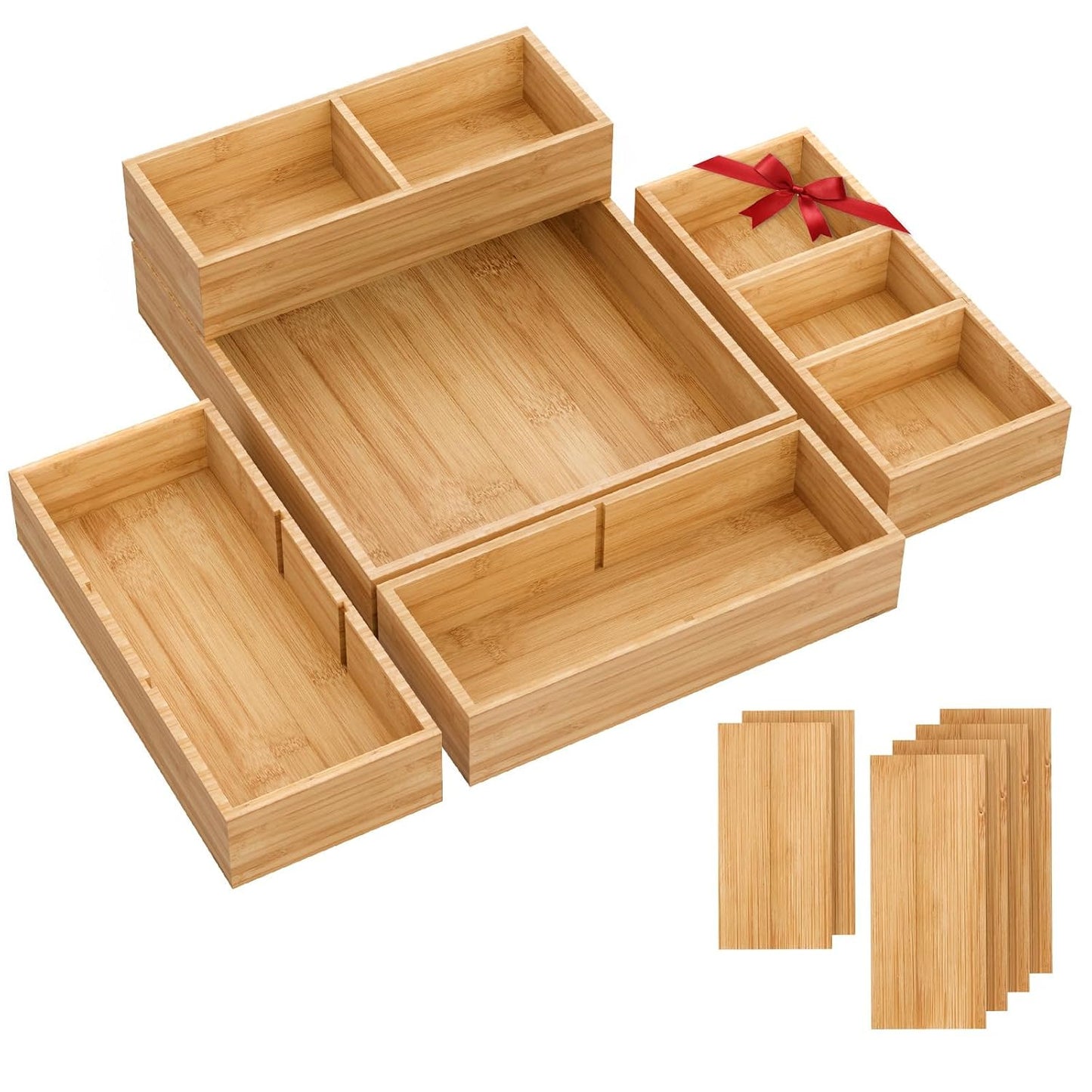 Bamboo Drawer Organizer, 5-Piece Stackable Trays with Removable Dividers | Junk drawer organizer, assorted tray sizes, 5-11 customizable compartments, nestable, kitchen utensils, bathroom, office