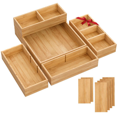 Bamboo Drawer Organizer, 5-Piece Stackable Trays with Removable Dividers | Junk drawer organizer, assorted tray sizes, 5-11 customizable compartments, nestable, kitchen utensils, bathroom, office