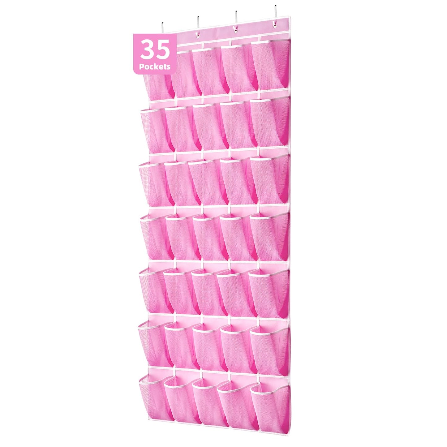 SAVERHO 35 Pockets Over the Door Shoe Organizer, Hanging Shoe Organizer for Door with 35 Mesh Pockets Large Capacity Shoe Hanging Storage Bag with 4 Metal Hooks (Pink-1Pack)