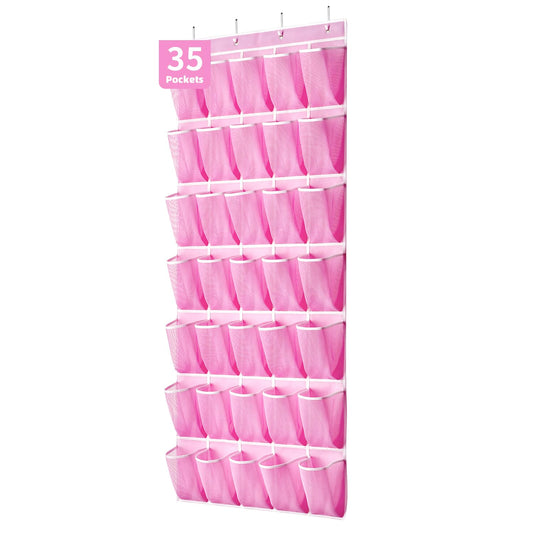 SAVERHO 35 Pockets Over the Door Shoe Organizer, Hanging Shoe Organizer for Door with 35 Mesh Pockets Large Capacity Shoe Hanging Storage Bag with 4 Metal Hooks (Pink-1Pack)