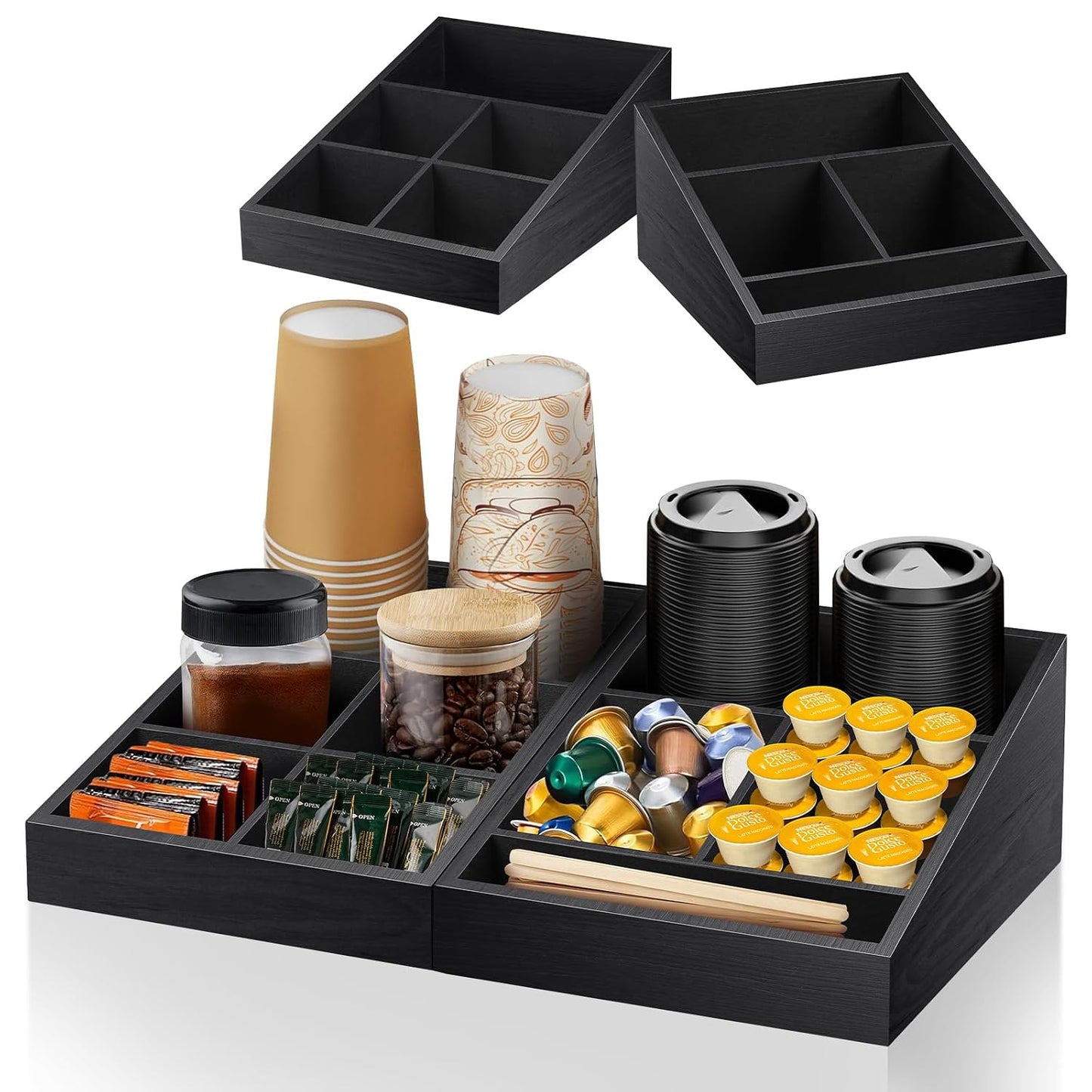 MINCORD Coffee Station Organizer for Counter | Wood Coffee Condiment Service Tray with 9 Compartment | Two-in-One Coffee Bar Supplies Organizer for Home Office Breakroom